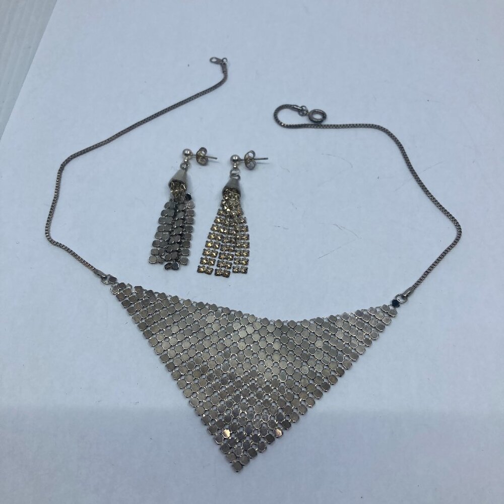 Vtg Whiting and Davis silver tone mesh earrings necklace set